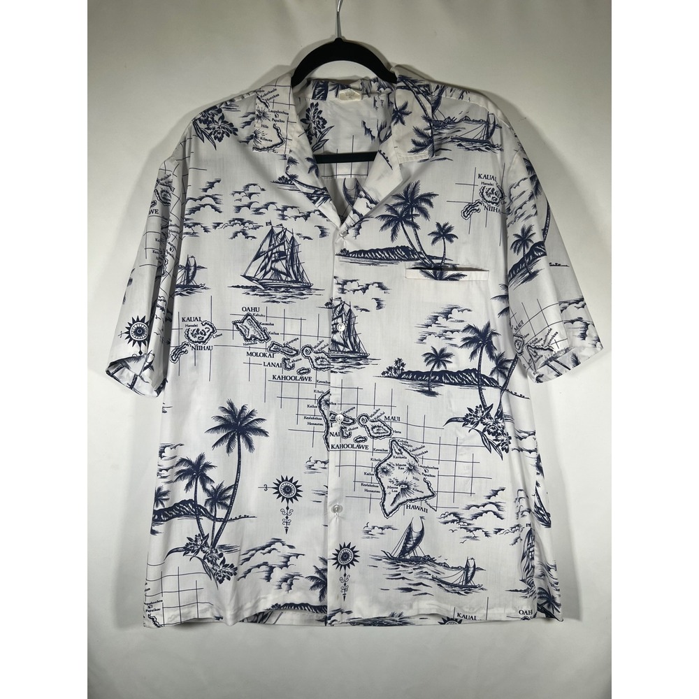 Royal Creations Hawaii Mens XL Blue White Map Island Nautical Camp Shirt